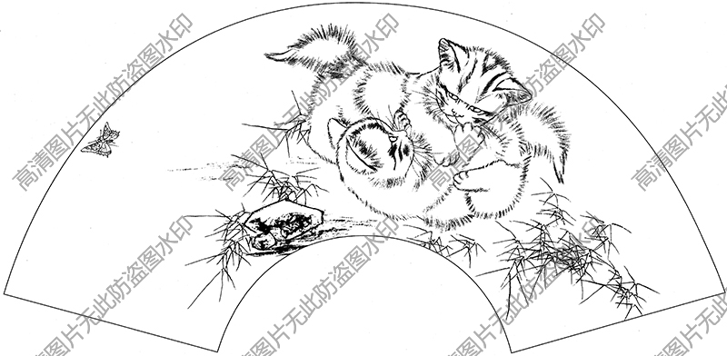 扇面猫 白描底稿高清图片47下载